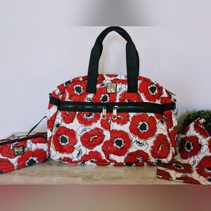 Brighton 3 Piece Overnight Travel Set Floral Red Poppy Shoulder Bag, Make Up Bag